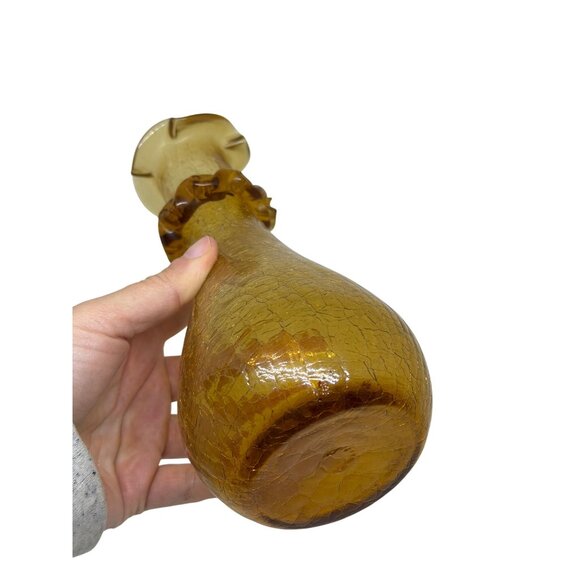 Vintage MCM Amber Blown Art Glass Crackle Vase Ruffled Neck 7.5" Textured Decor - Picture 6 of 7